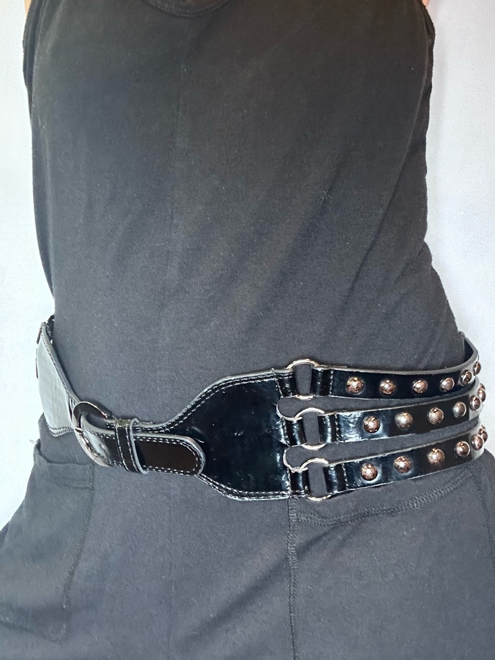Black Faux Leather Multi-Strap Studded Statement Belt. Size M/L